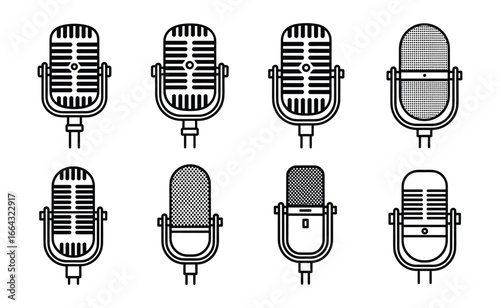 Set of eight retro microphone icons with different patterns. Classic style microphone designs, vector.
