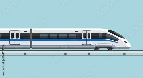 Illustration of a modern high-speed train traveling on a railway track, showcasing its sleek design.