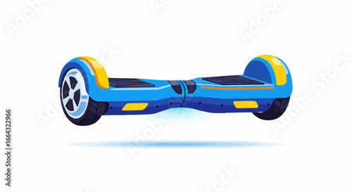 Illustration of a blue and yellow electric self-balancing hoverboard on a white background.