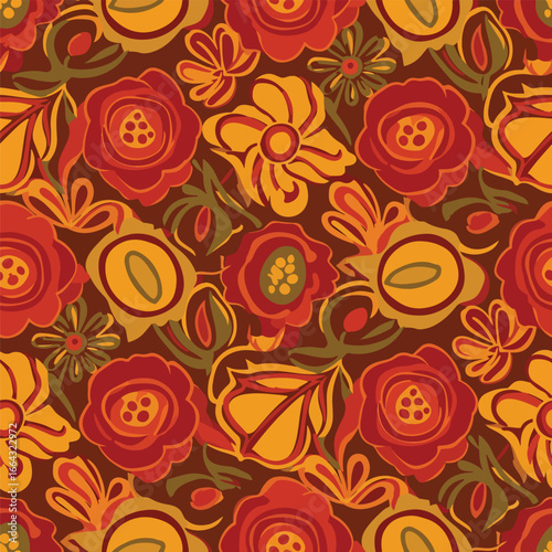 Seamless Pattern, Vibrant floral pattern featuring stylized flowers and leaves in warm fall tones Stock royalty free image.