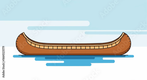 Illustration of a traditional wooden canoe on calm water.