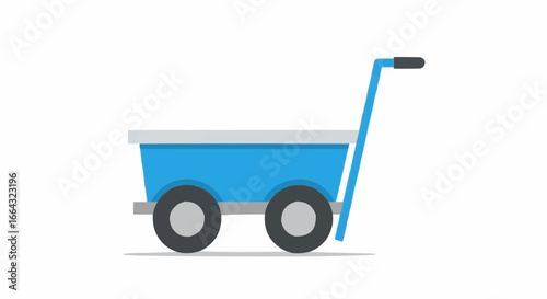 A simple blue garden cart with a handle and two wheels, isolated on a white background.