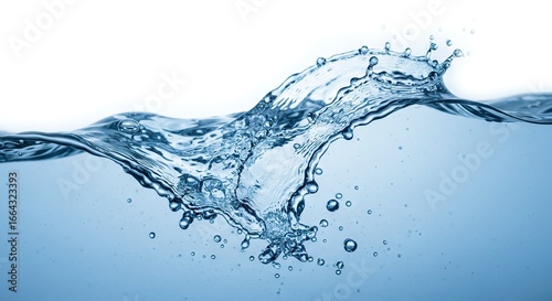 Clear blue water midsplash showing droplets and the surface line against a bright background
