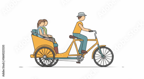 Illustration of a yellow rickshaw with two passengers and a driver riding on a white background.