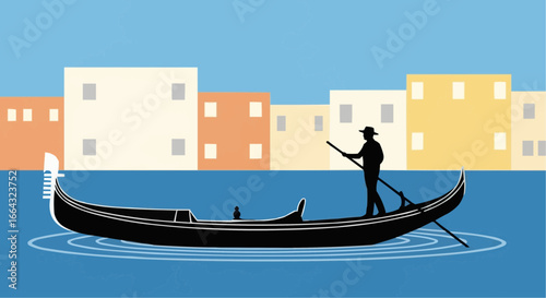 A stylized illustration of a gondolier punting a gondola on a canal with colorful buildings in the background.