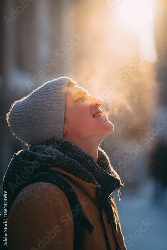 Young Man in Winter Hat Looking Upward with Visible Breath in Cold Air, Sunlight