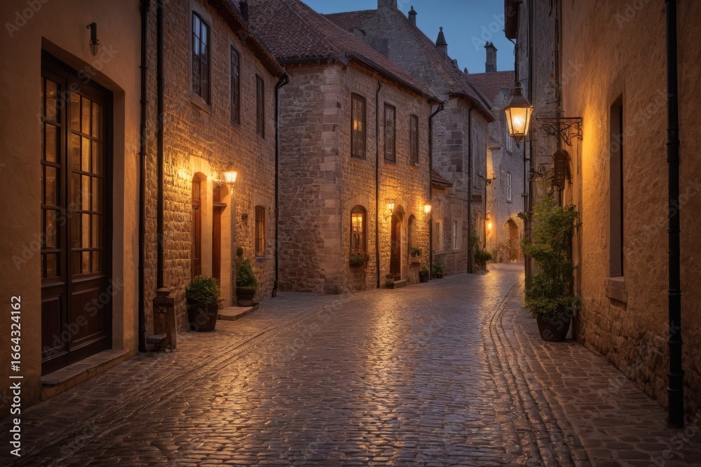 Fototapeta premium Verlassene Gasse mit historischen Steinwänden und Laternen bei Dämmerung