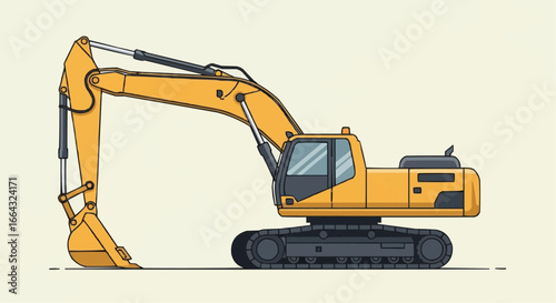 Illustration of a yellow excavator with a bucket and hydraulic arm on tracks.