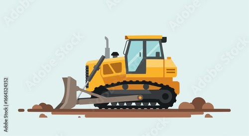 A detailed illustration of a yellow bulldozer operating on a construction site, moving earth.