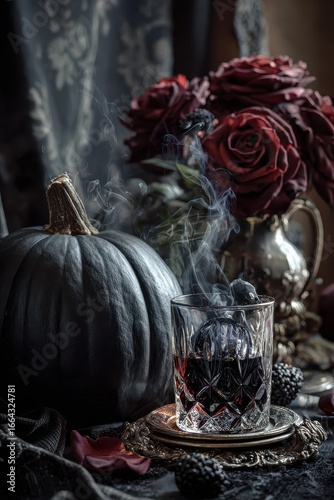 Dark Still Life: Black Pumpkin, Crystal Glass with Smoke, Red Roses
