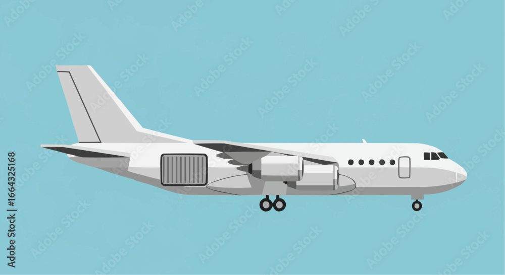 Obraz premium Side view of a white cargo airplane with landing gear extended, against a light blue background.