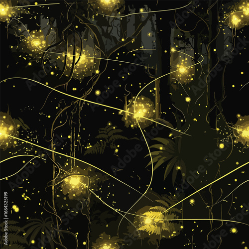 Seamless Pattern, Vector illustration of a mystical forest at night with glowing fireflies and dense foliage Stock royalty free image.