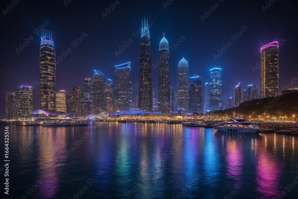 Fototapeta premium Moderne Skyline bei Nacht mit bunten Lichtern und reflektierendem Wasser
