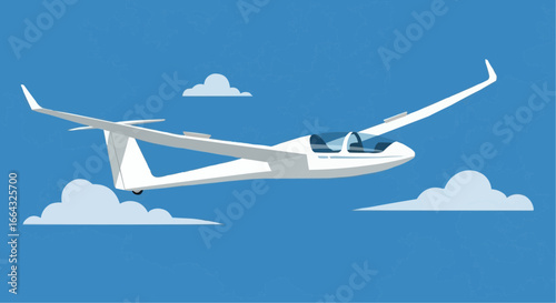 Illustration of a white glider soaring through a blue sky with fluffy clouds.