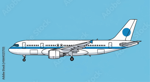 Side view of a white and blue commercial passenger airplane in flight against a blue background.