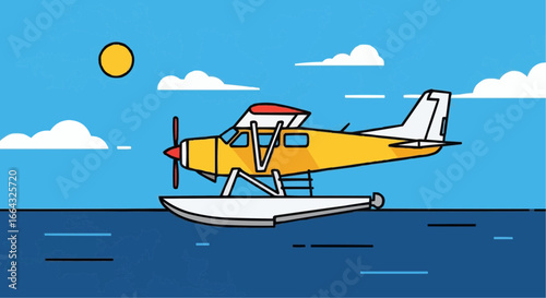 Cartoon illustration of a yellow floatplane flying over the sea on a sunny day.