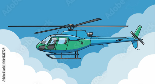 A teal and green helicopter flying above the clouds.