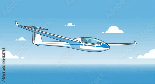 A glider aircraft in flight, against a clear blue sky with clouds and a body of water below.