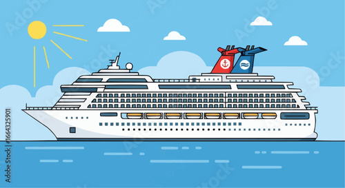 A detailed illustration of a large white cruise ship with red and blue funnels sailing on the blue ocean under a sunny sky.