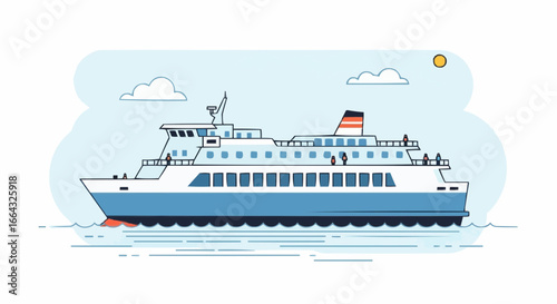Illustration of a blue and white ferry boat sailing on the ocean.
