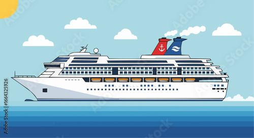 A white cruise ship sailing on a calm ocean, with a clear sky and clouds.