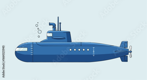Illustration of a classic blue submarine underwater.