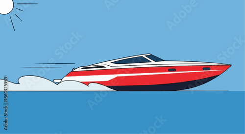 A sleek red and white motorboat speeds across the blue water, leaving a white wake behind it under a sunny sky.