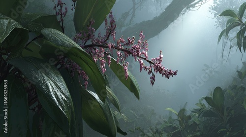   A lush green forest surrounds a single pink-blooming plant, as fog envelops the sky above