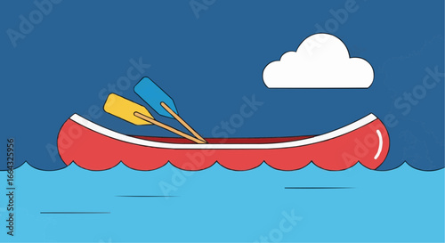 Simple illustration of a red canoe with two paddles floating on blue water under a dark sky with a white cloud.