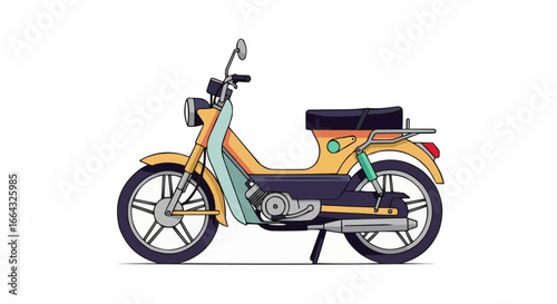 A yellow and blue vintage moped illustration with a classic design and retro style.