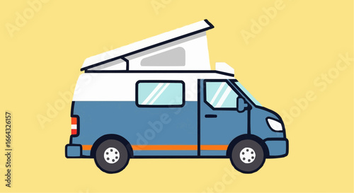 Side view of a camper van, showing its design elements and features.