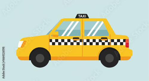 Side view of a yellow taxi cab with black and white checkerboard pattern.