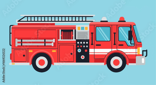 A detailed illustration of a bright red fire engine truck with a ladder and emergency lights.