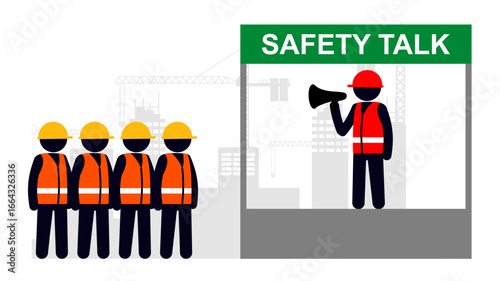 Workplace morning safety talk and briefing illustration. industrial and construction work. stick figure character of a safety person, foreman, supervisor give the education to the worker