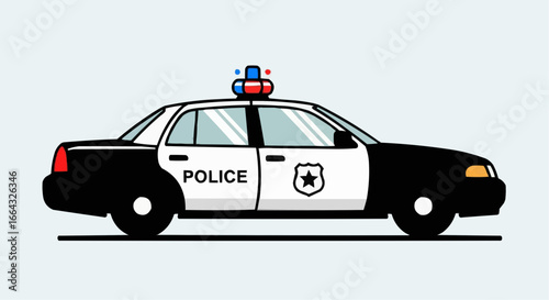 Illustration of a black and white police car with flashing lights on top, ready for duty.