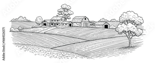 Detailed farm landscape illustration. Features barns, house, trees, and plowed fields. Vector illustration.