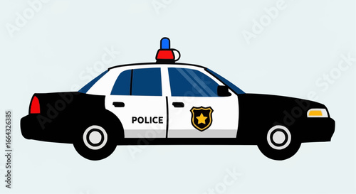 A cartoon-style black and white police car with a blue and red siren on top, depicted in a side view.