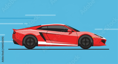 Illustration of a red sports car in motion against a blue background.