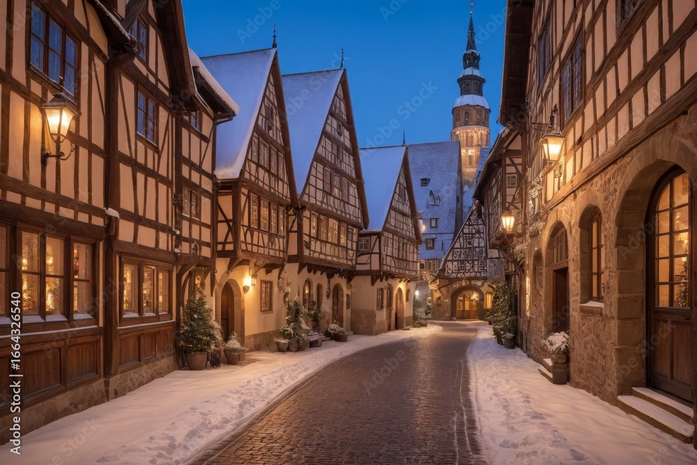 Fototapeta premium Schneeüberzogene Fachwerkstraße mit Lichtern und historischem Turm bei Dämmerung