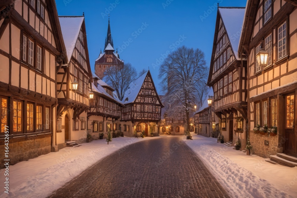 Naklejka premium Schneeüberzogene Fachwerkstraße mit Lichtern und historischem Turm bei Dämmerung