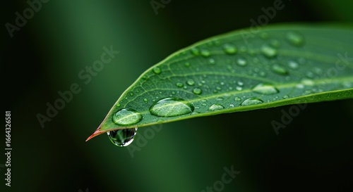 Close-up of a vibrant green leaf adorned with sparkling water droplets, one poised to drop from the tip, symbolizing nature's refreshing cycle and pristine beauty