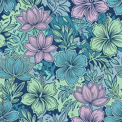 Seamless Pattern, Vibrant tropical floral pattern with lotus and hibiscus flowers in teal and pink hues Stock royalty free