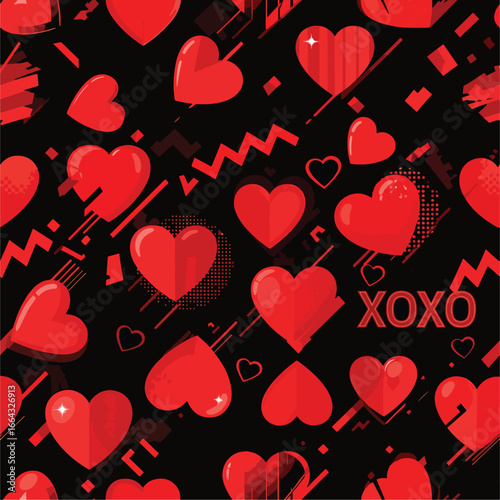 Seamless Pattern, Valentine's Day seamless pattern with hearts and geometric shapes on black Stock royalty free image.