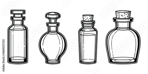 Illustration of four different glass bottles filled with liquid and closed with corks. Vector.