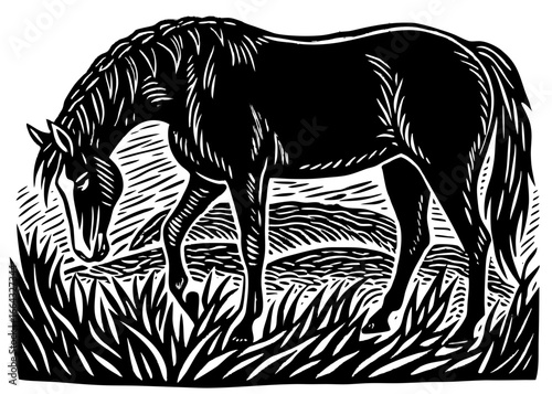 Grazing Horse Silhouette Linocut | Farm Pasture Equine SVG | Rustic Vector Template