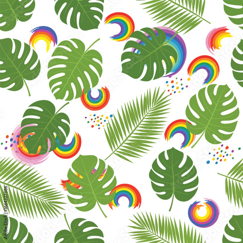 Seamless Pattern, Tropical pattern with monstera leaves, palm fronds and rainbow elements Stock royalty free image.