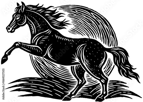 Bucking Horse Silhouette Linocut | Rodeo Bronco SVG | Rustic Western Vector