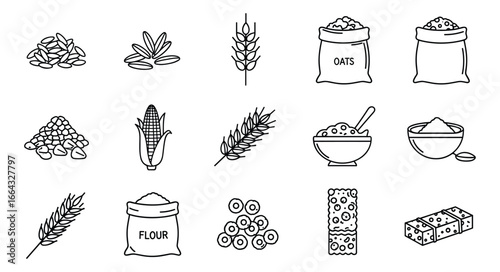 Outline set of grains, cereals, and cereal-based products. Food ingredients elements. Vector illustration.