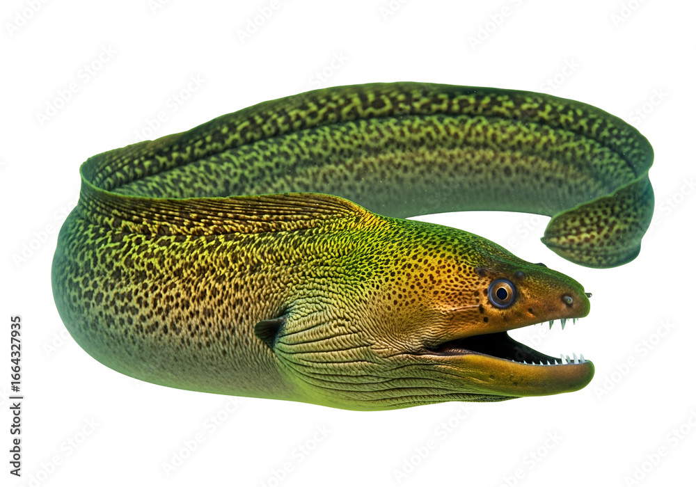 Fototapeta premium A captivating, detailed view of a vibrant, spotted eel, showcasing its intricate patterns and colors against a stark black backdrop.