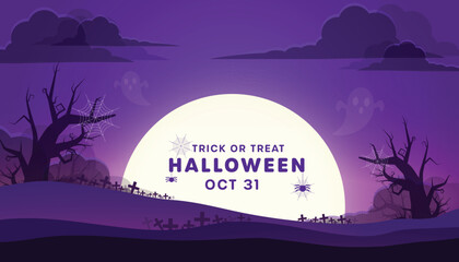 Leinwandbilder Aubergine Halloween party invitation banner with a spooky landscape background. Vector graphic featuring a haunted house, graveyard, pumpkins, and bats for the October 31st celebration.  © Jutamas
